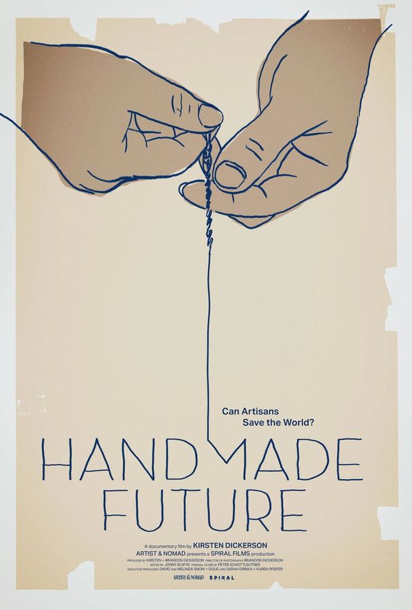 Hands threading string with title "Hand Made Future".