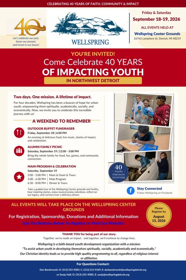 Invitation to wellspring's 40th anniversary events celebrating youth in Detroit.