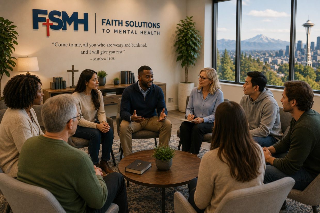 A diverse group in a faith-based mental health support meeting.