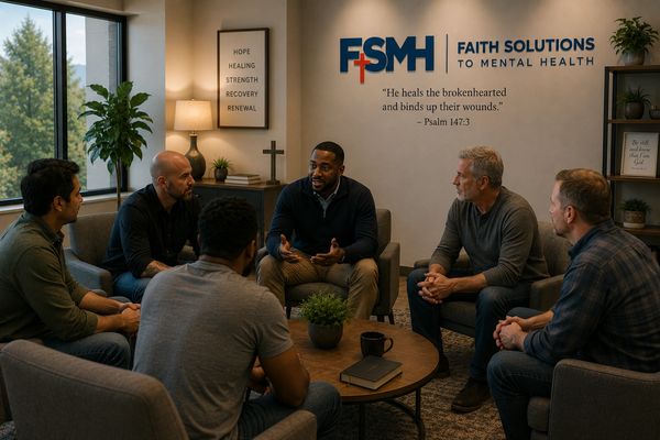 Men in a group therapy session at a faith-based mental health center.