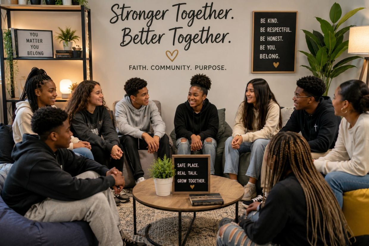 A diverse group of young people sitting in a circle, smiling and engaged in conversation.