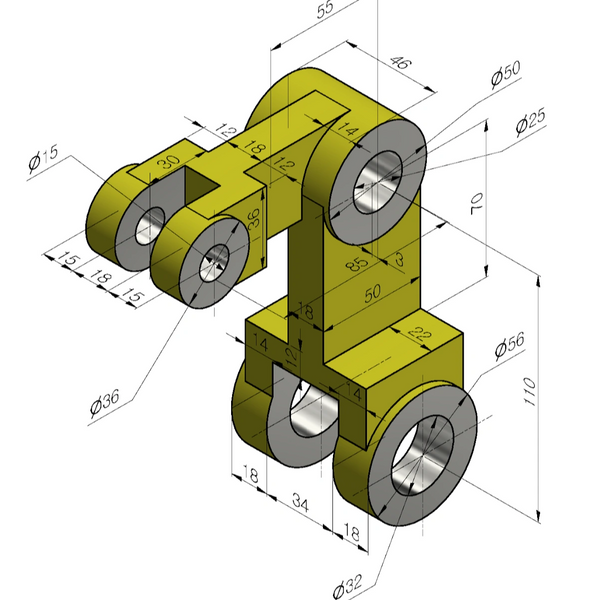 3D mechanical part with detailed dimensional annotations in yellow.