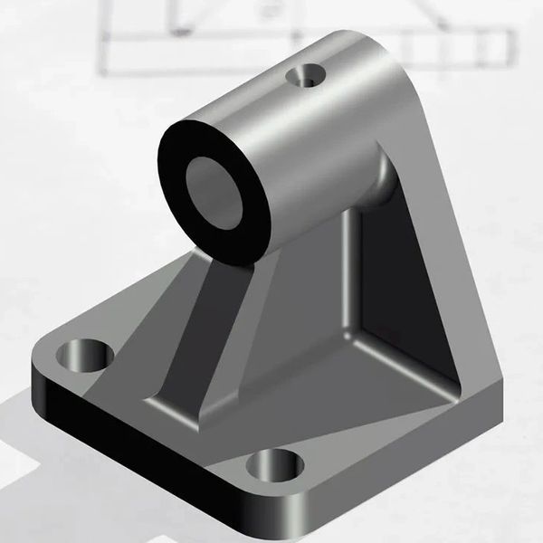 3D CAD model of a mechanical bracket with mounting holes and a cylindrical pivot.