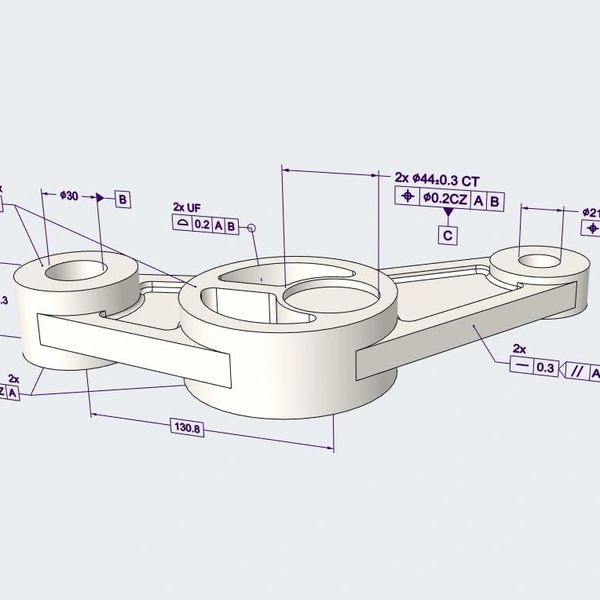 3D mechanical part with detailed dimensional annotations and geometric tolerances.