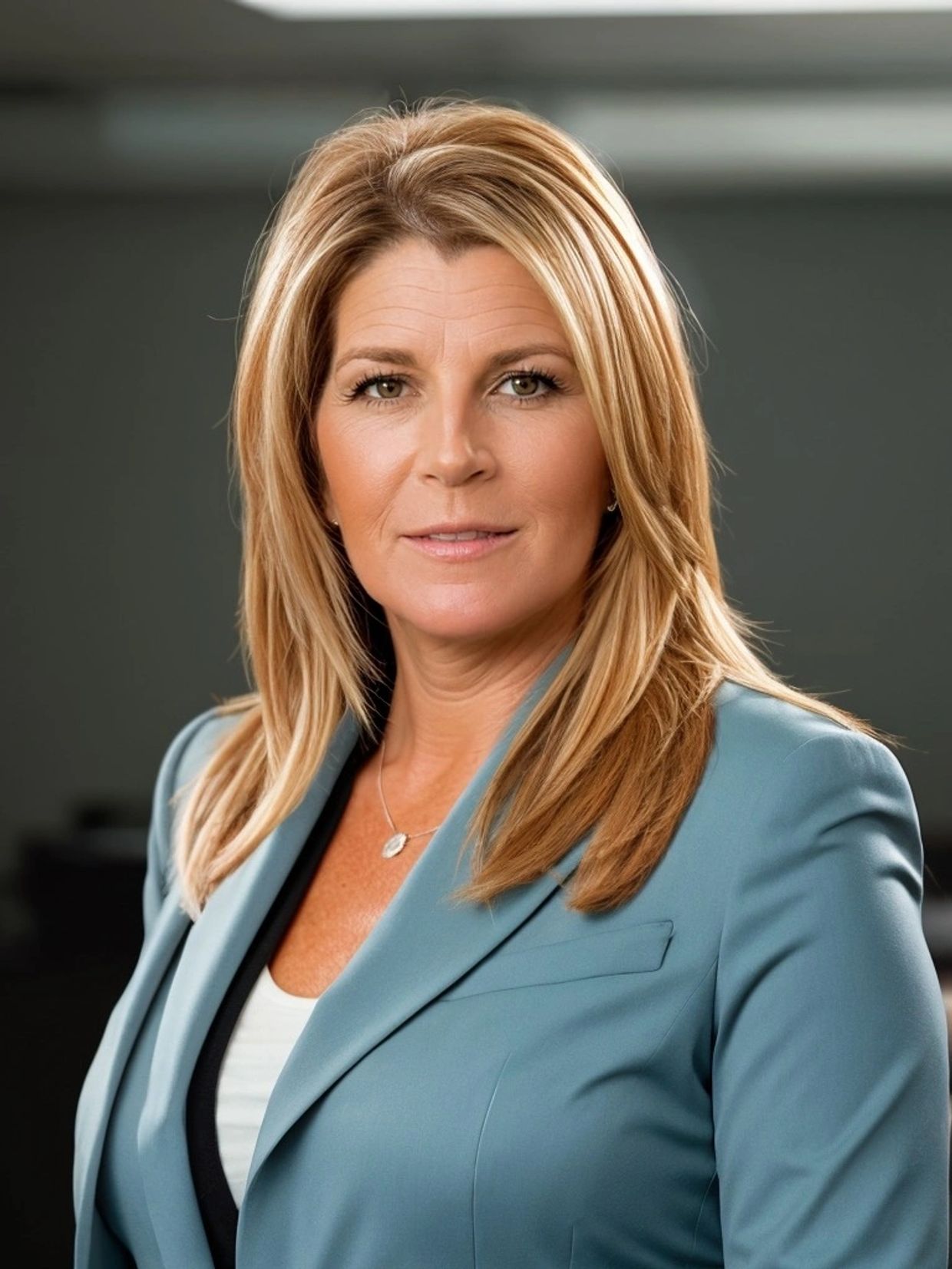 Professional woman in a blue blazer posing confidently.