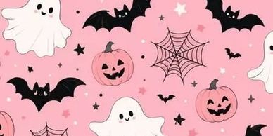 Cute Halloween pattern with ghosts, bats, pumpkins, and spider webs on pink background.