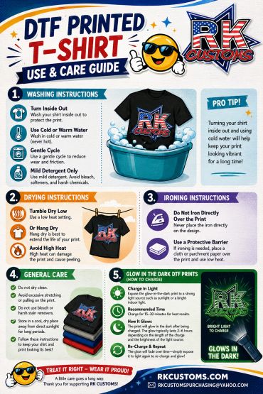 DTF printed T-shirt use and care guide by RK Customs.
