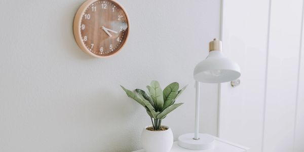 Clock on the wall with a lamp and plant on a bookcase.