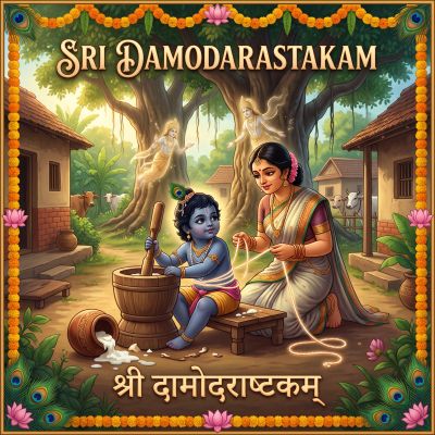 Child Krishna and mother in a village scene.
