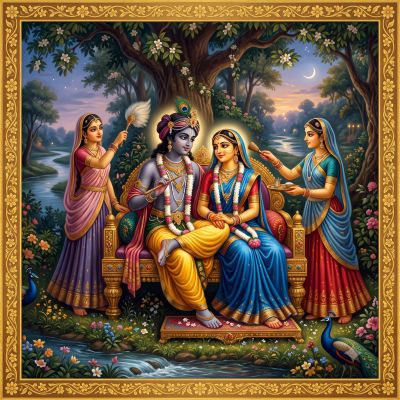 Divine couple Krishna and Radha with attendants in a lush garden.