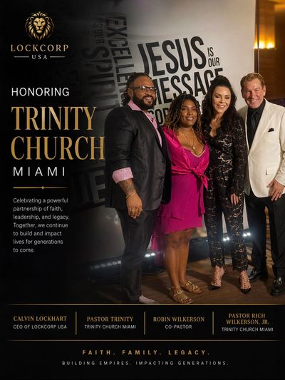 Group photo honoring Trinity Church Miami with four leaders at a formal event.