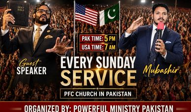 Promotional poster for every Sunday church service in Pakistan with guest speaker and Mubashir.