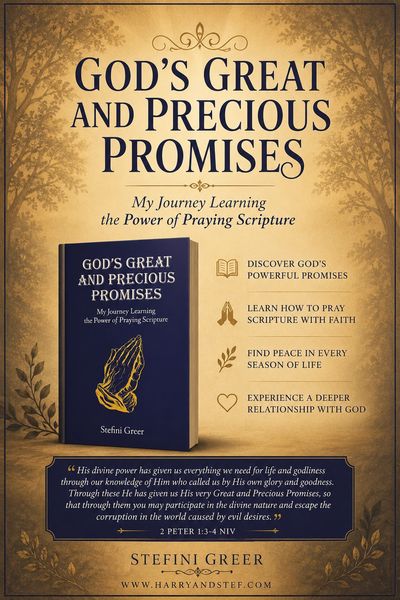 Book cover and promotion of "God's Great and Precious Promises" by Stefani Greer.