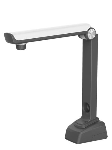 Modern black and white desk lamp with adjustable arm.
