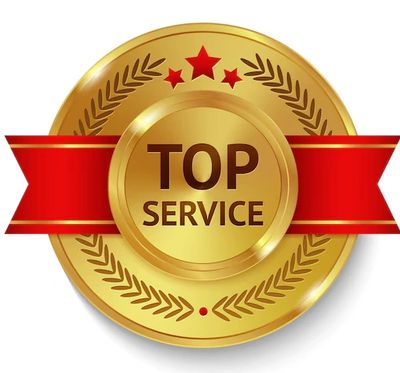 Golden badge with red ribbon reading 'Top Service'.