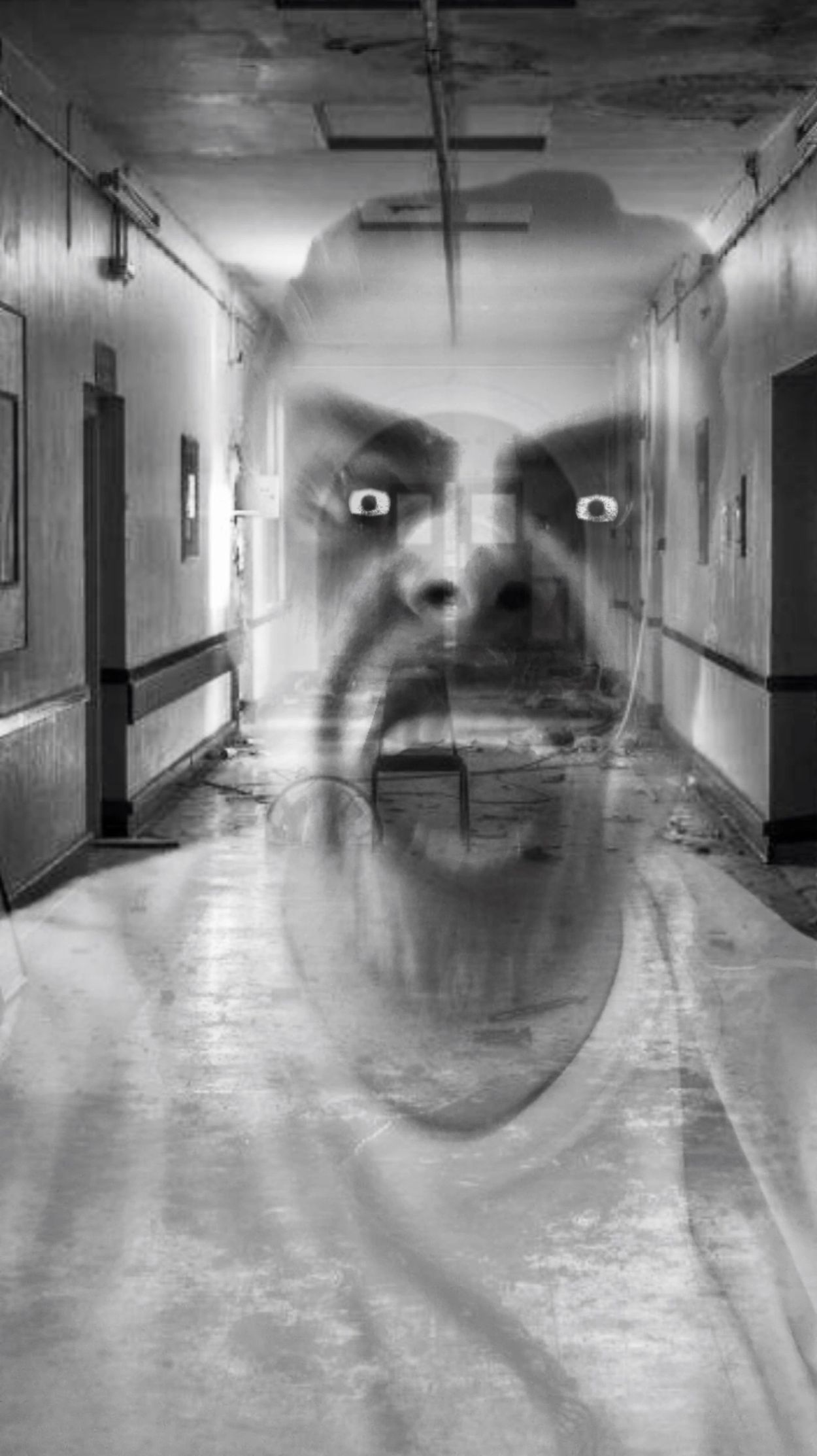 Ghostly screaming face superimposed on abandoned hallway.