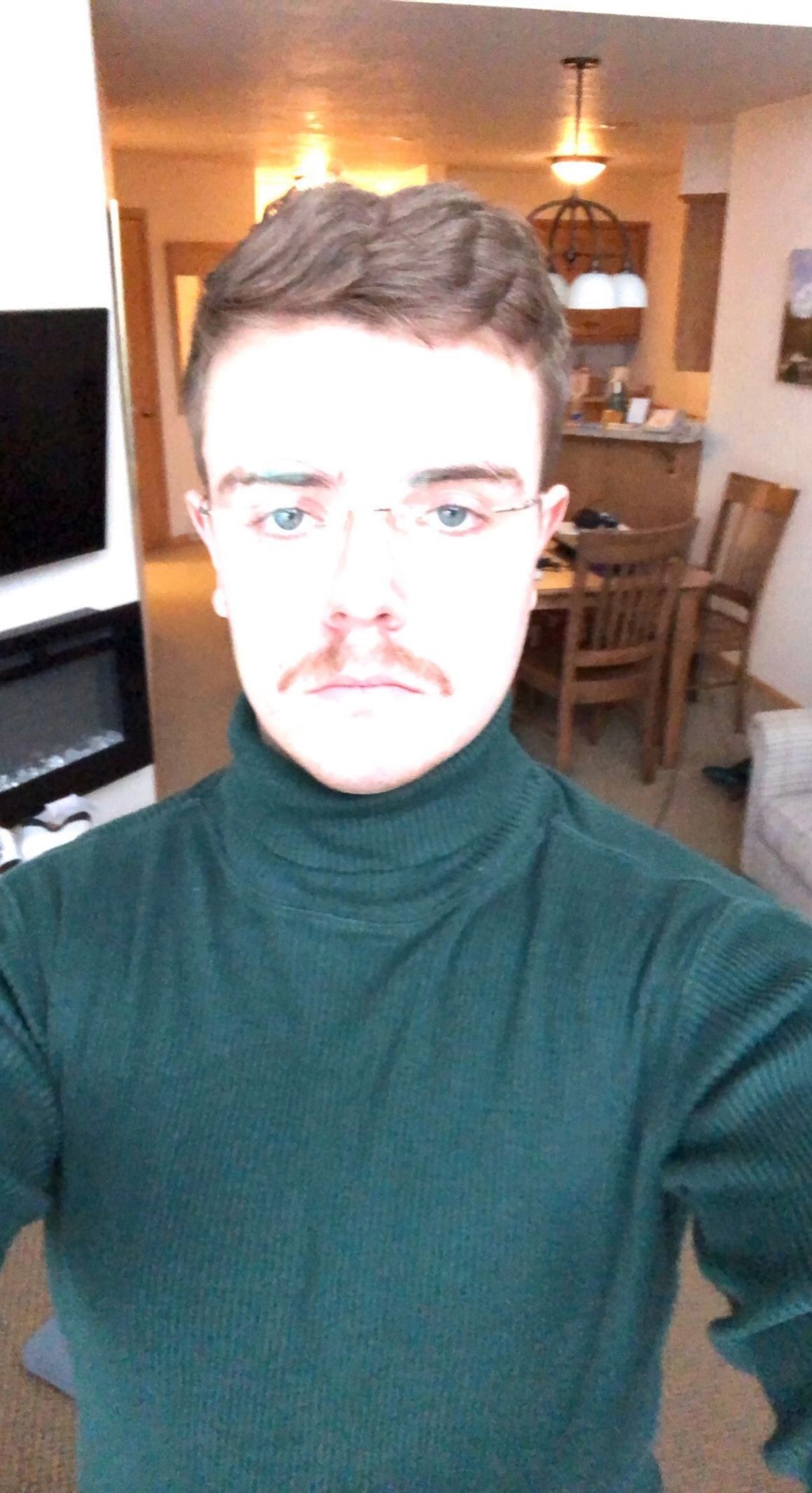 Young man wearing a green turtleneck sweater indoors.
