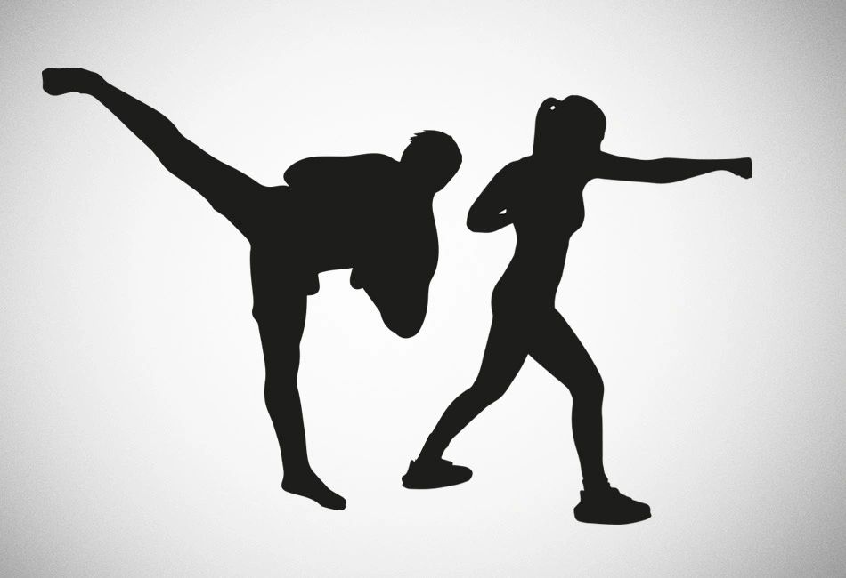 Black and white cartoon generated image of two people learning karate