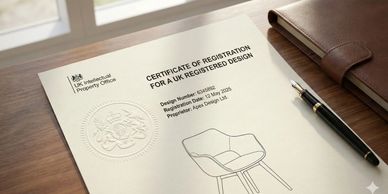 A UK design registration certificate for a chair on a wooden desk.