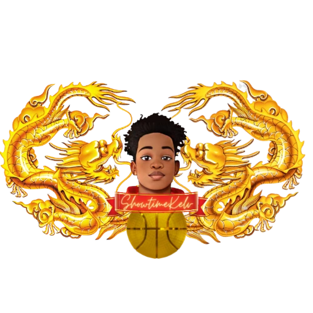 Showtime Kelv Animated Image between 2 dragons. Banner with Script name over a basketball. Logo.