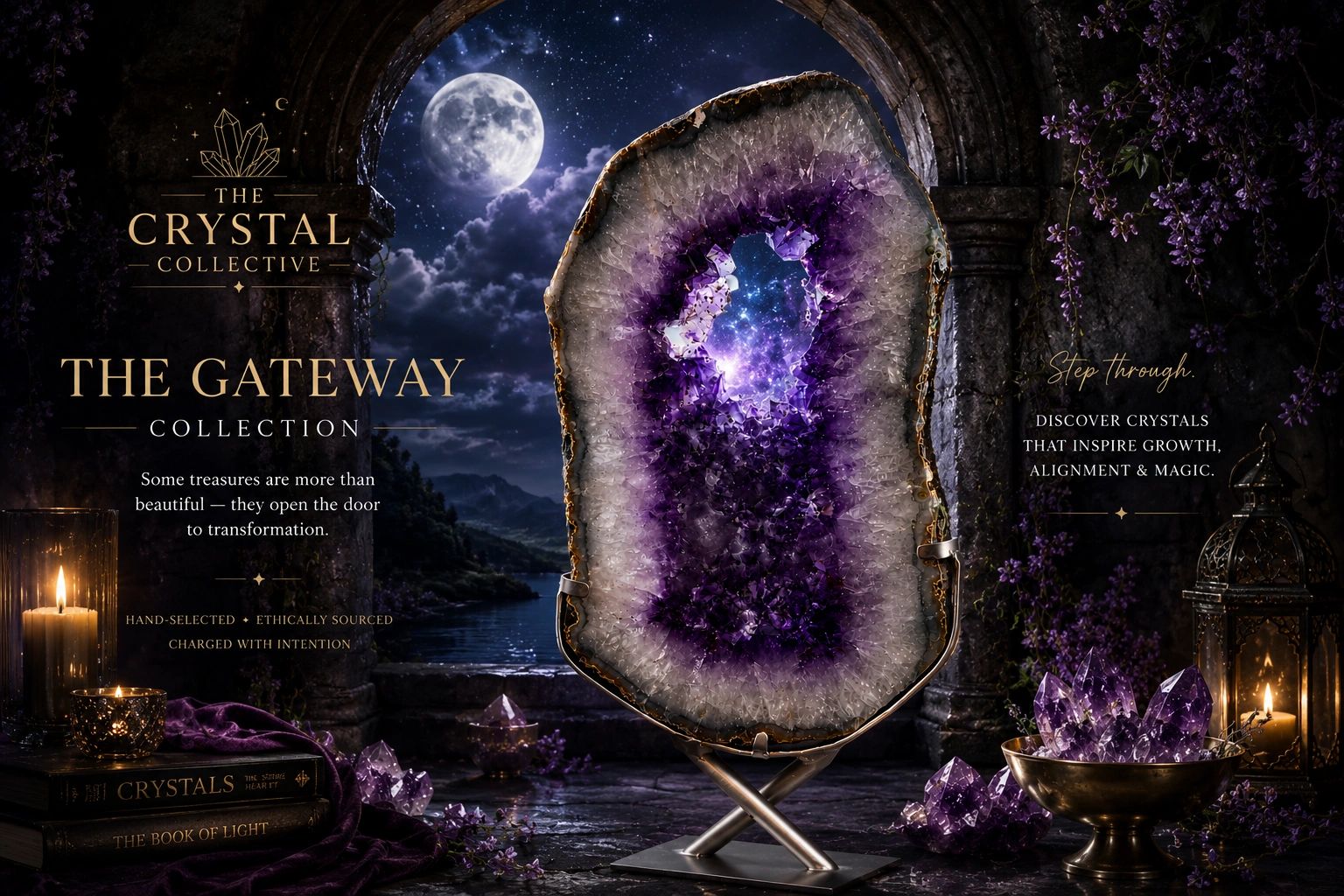 Mystical Amethyst portal  bathed in moonlight