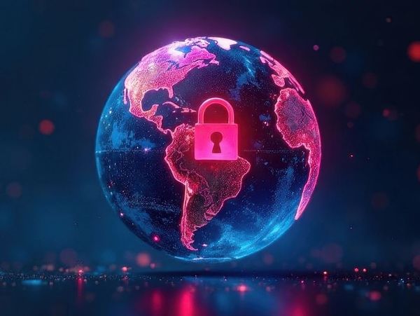 Glowing Earth with a pink lock symbol in the center.
