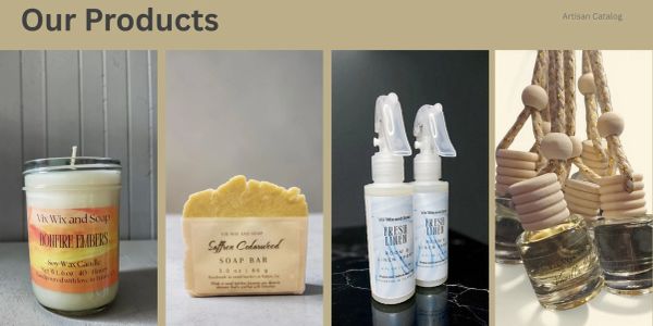 Collection of artisanal personal care products including candle, soap bar, spray, and hanging scents.