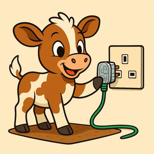 Cartoon cow plugging in an electrical cord.