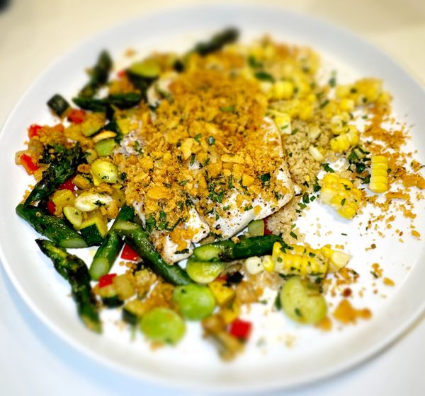 Crispy Baked Cod, Buttered Corn Cous Cous, Asparagus Succotash