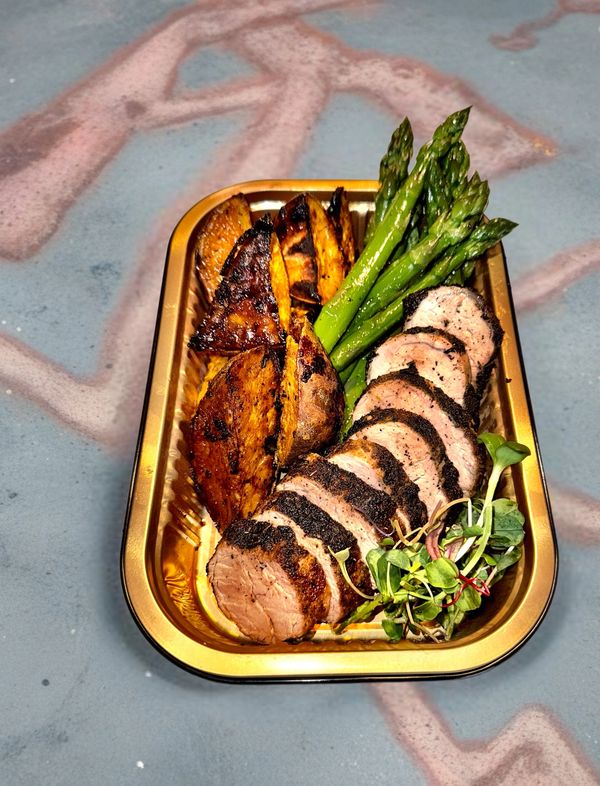 Blackened Pork Loin, Crispy Asparagus and Red Roasted Potatoes