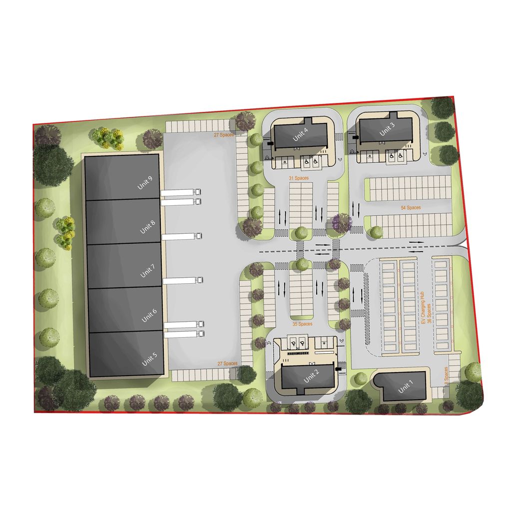 Site layout plan showing nine units with parking and EV charging hub.