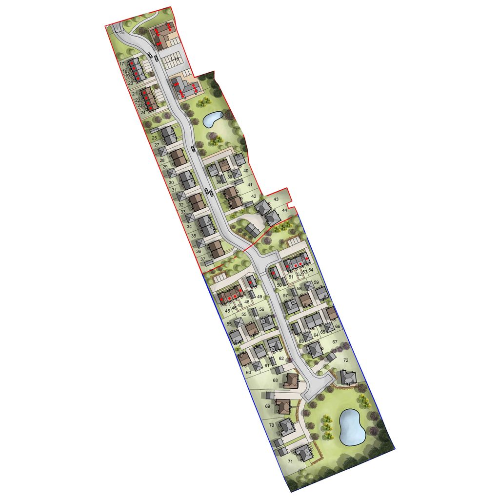 Detailed site plan showing numbered residential plots with roads, green spaces, and ponds.