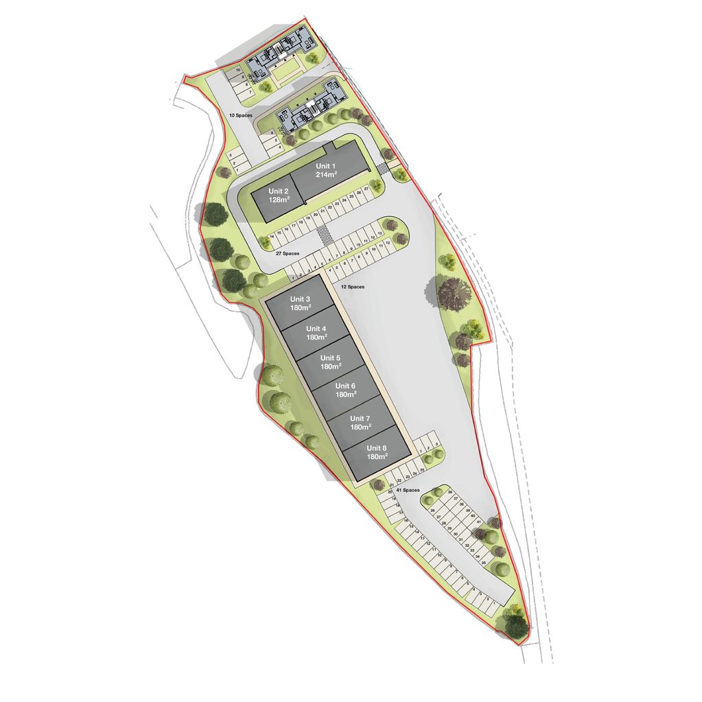 Site plan showing eight units with designated parking spaces and green areas.