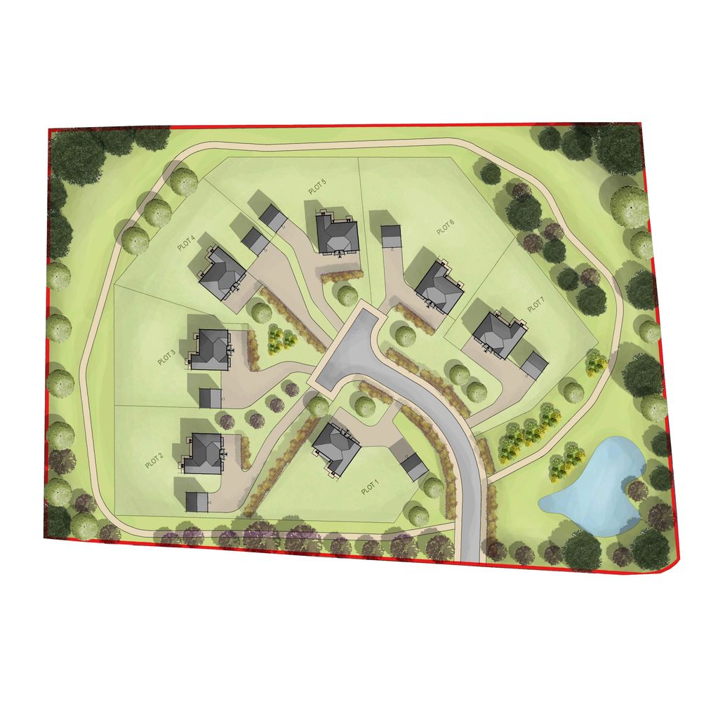 A site plan showing seven residential plots with houses, roads, trees, and a pond.