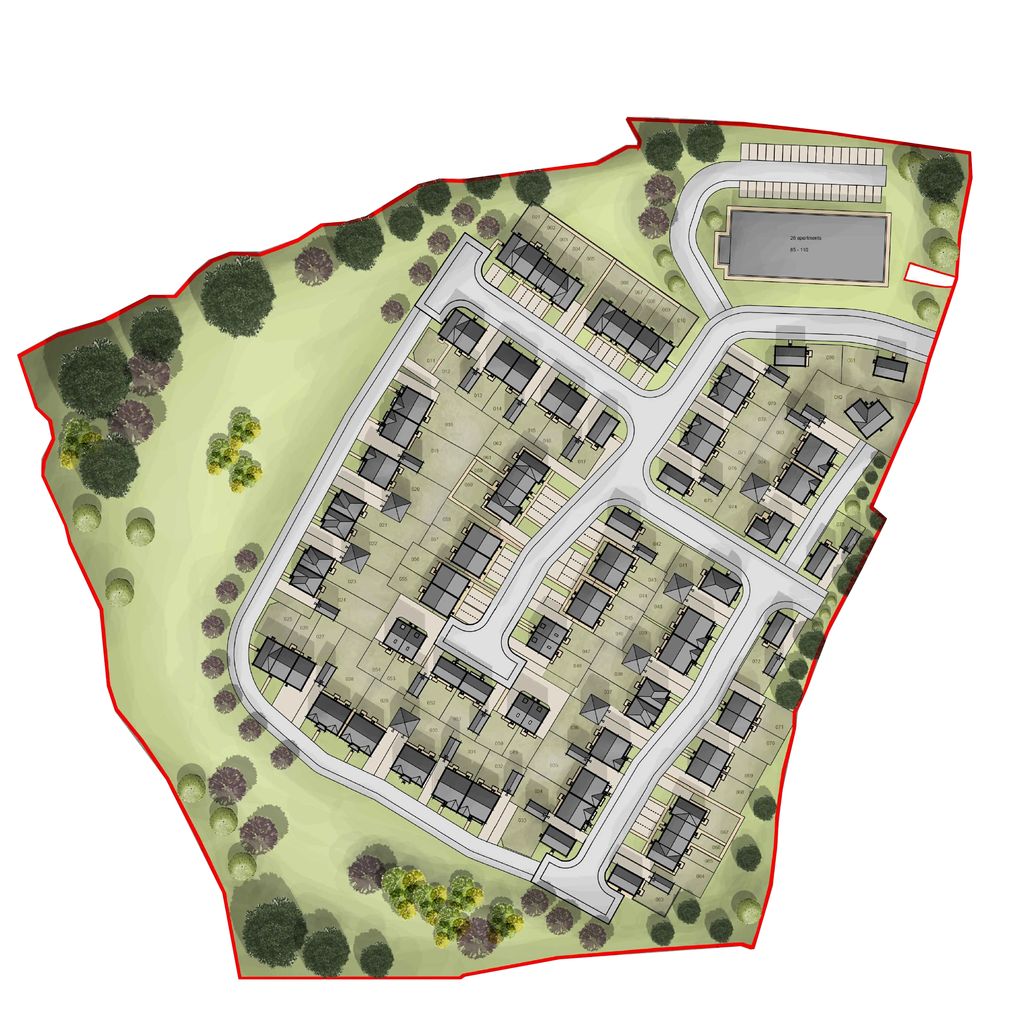 Site plan of a residential neighborhood with houses, roads, and green spaces.