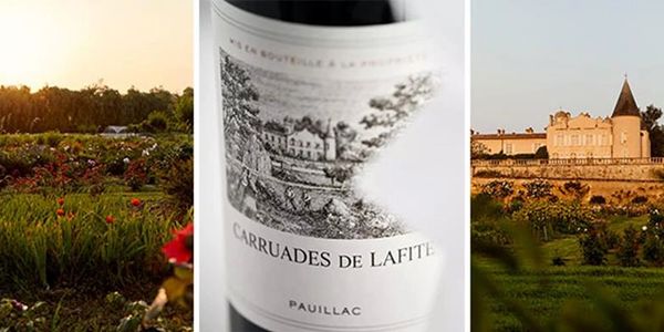 Carruades de Lafite wine bottle with vineyard and château background.