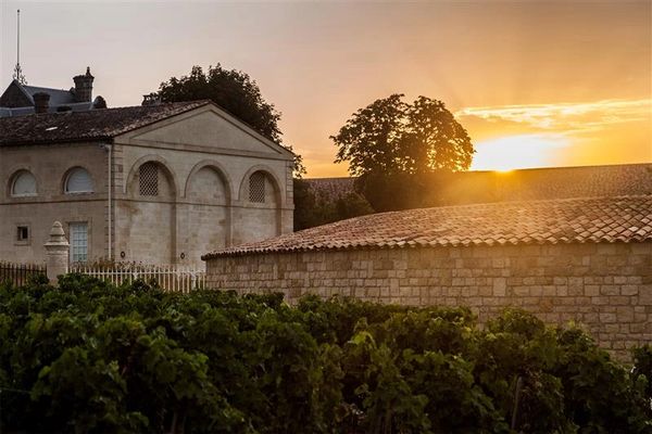 Sunset over a vineyard with historic stone buildings and lush greenery.