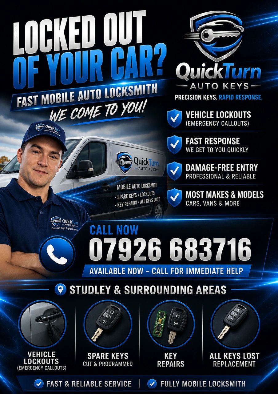QuickTurn Auto Keys offers fast, reliable mobile locksmith services for vehicle lockouts and key replacements.