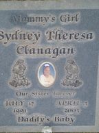 A memorial plaque dedicated to Sydney Theresa Clanagan with dates and affectionate titles.