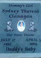 Memorial plaque for Sydney Theresa Clanagan, cherished daughter and sister.