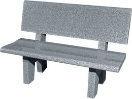 A gray stone bench with a backrest and sturdy legs.