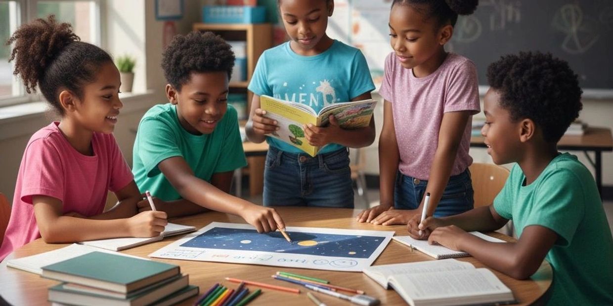 Five kids studying a solar system poster and book in a classroom.