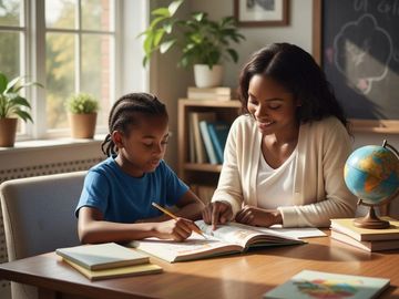 A mother helps her son with homework at a desk.