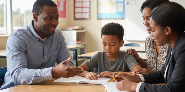 A family and teacher helping a young boy with schoolwork at a table.