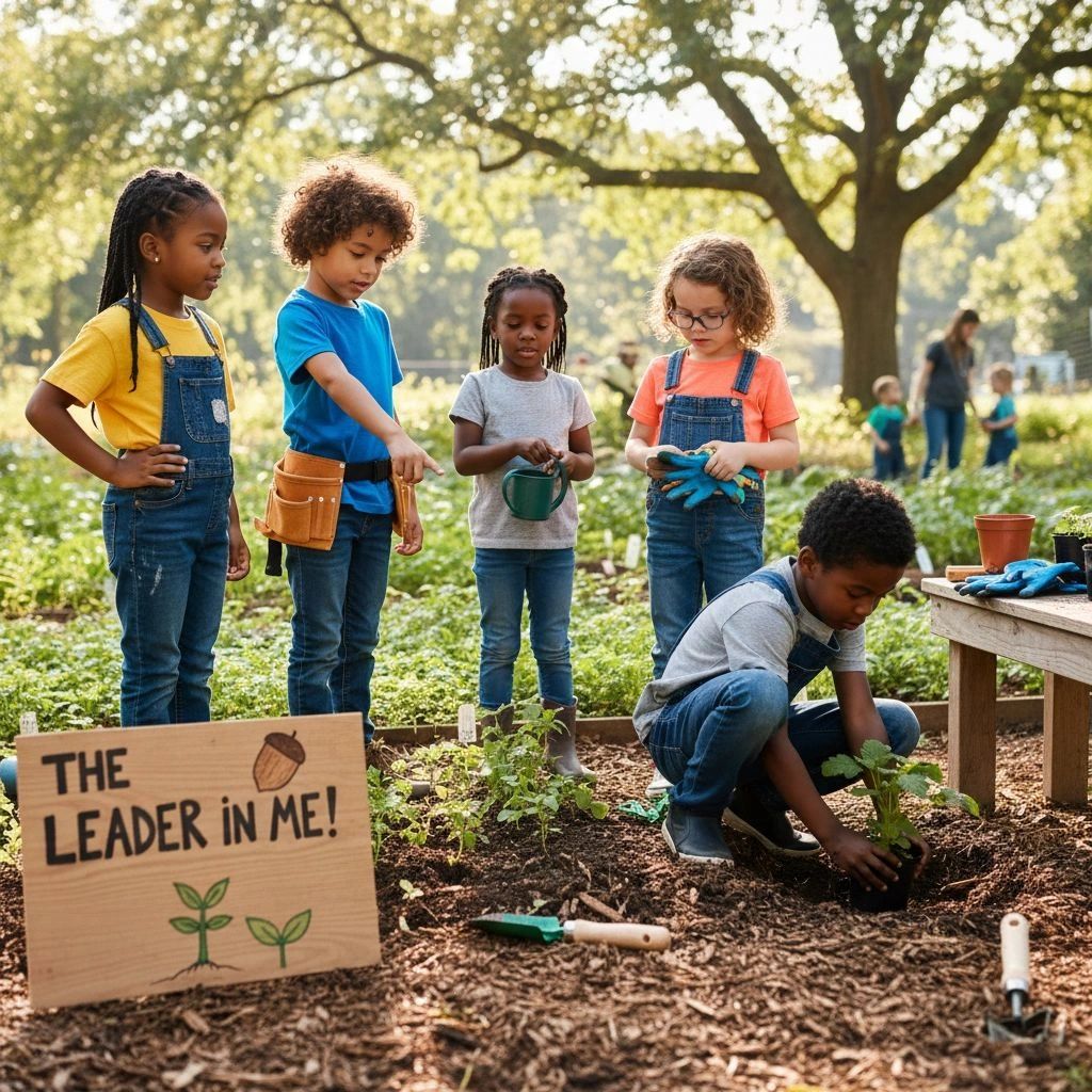 Children gardening together under a tree with a sign saying 'The Leader in Me!'.