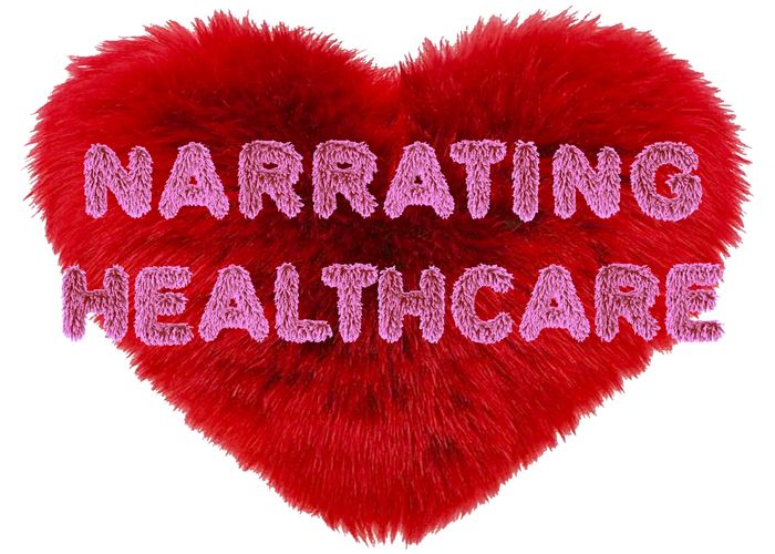 "Narrating Healthcare" faux fur guava-pink text overlay on a spicy red faux fur plush heart