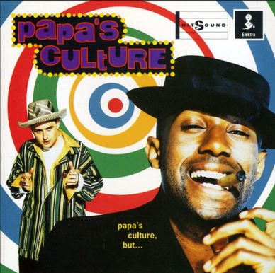 Hip-hop duo Papa's Culture with colorful target background.