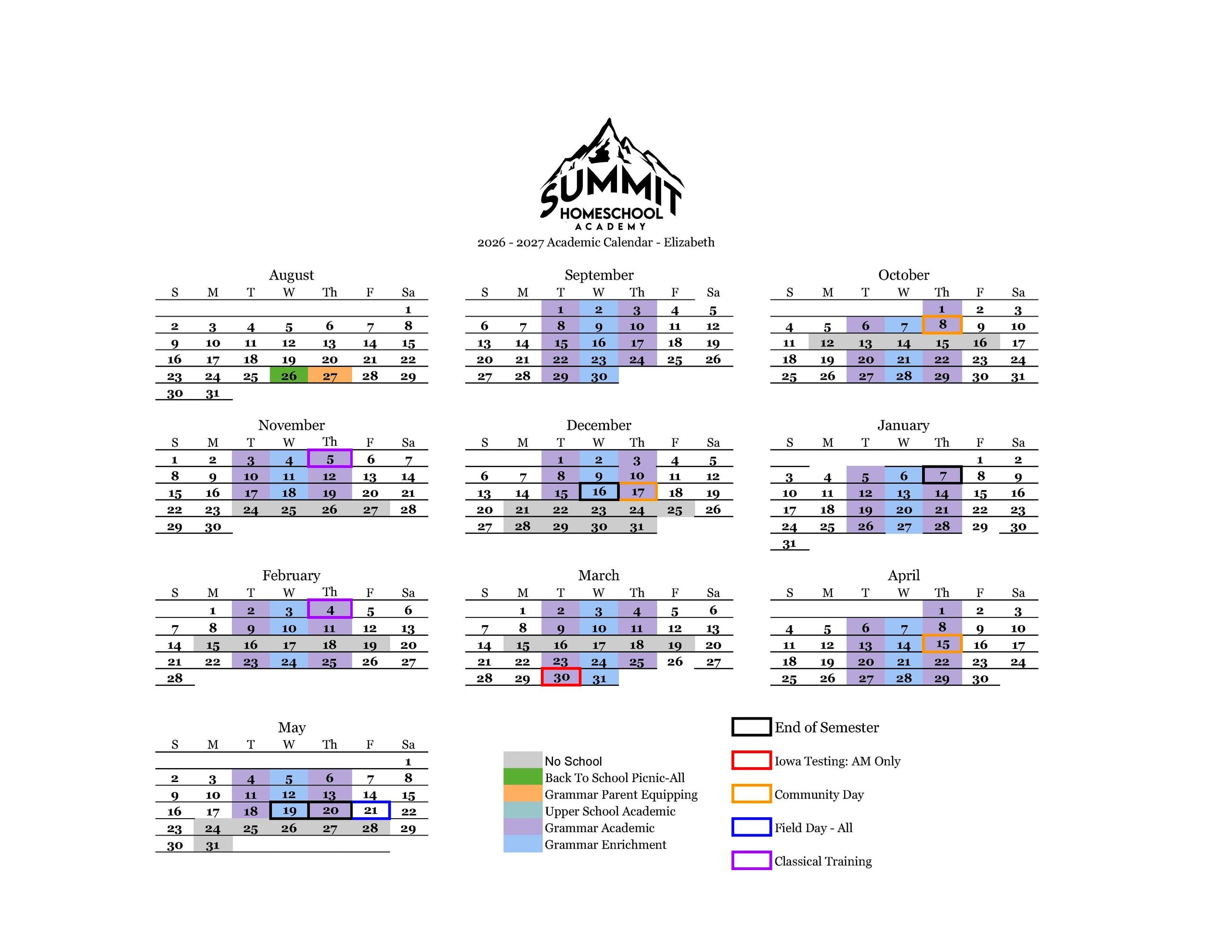 2026-2027 Summit Homeschool Academy academic calendar with color-coded events and key dates.