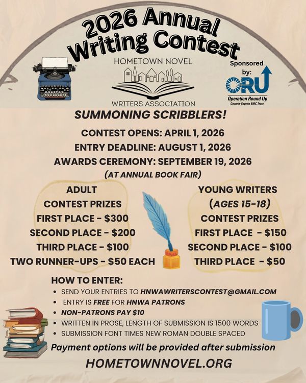 2026 Annual Writing Contest flyer for Hometown Novel with prizes and entry details.