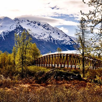 The metal arch of a suspension bridge with a snowcapped Alaskan mountain in the background.